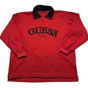 Guess USA Fleece Pullover Sweatshirt XL 1/4 Zip Ribbed Collar Cuffs 90's Vintage